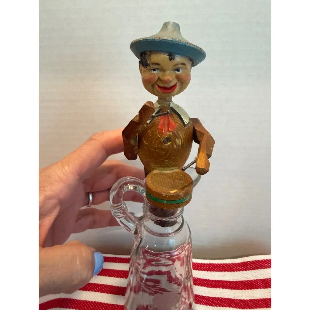Vintage Hand Carved Wood Mechanical Drummer Bottle Stopper Anri Style Folk Art